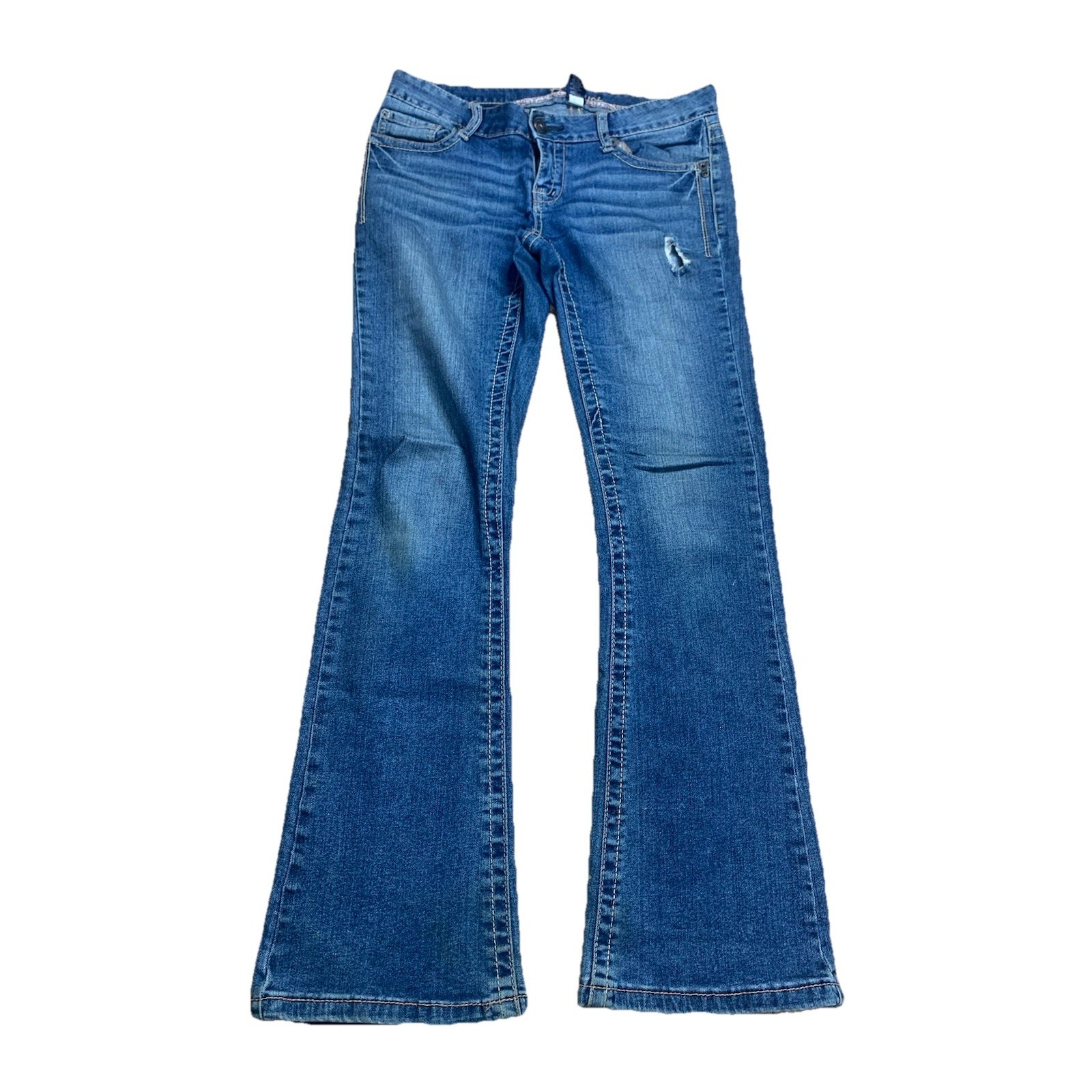 Women's 7 Amethyst Denim Blue Jeans Y2k Bootcut Embellished Pocket Distressed